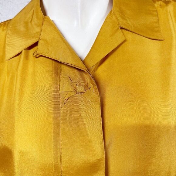 Vintage Mustard Silk Button Front Shirt Bow Details Daniel Caron Size S Small - Picture 3 of 9
